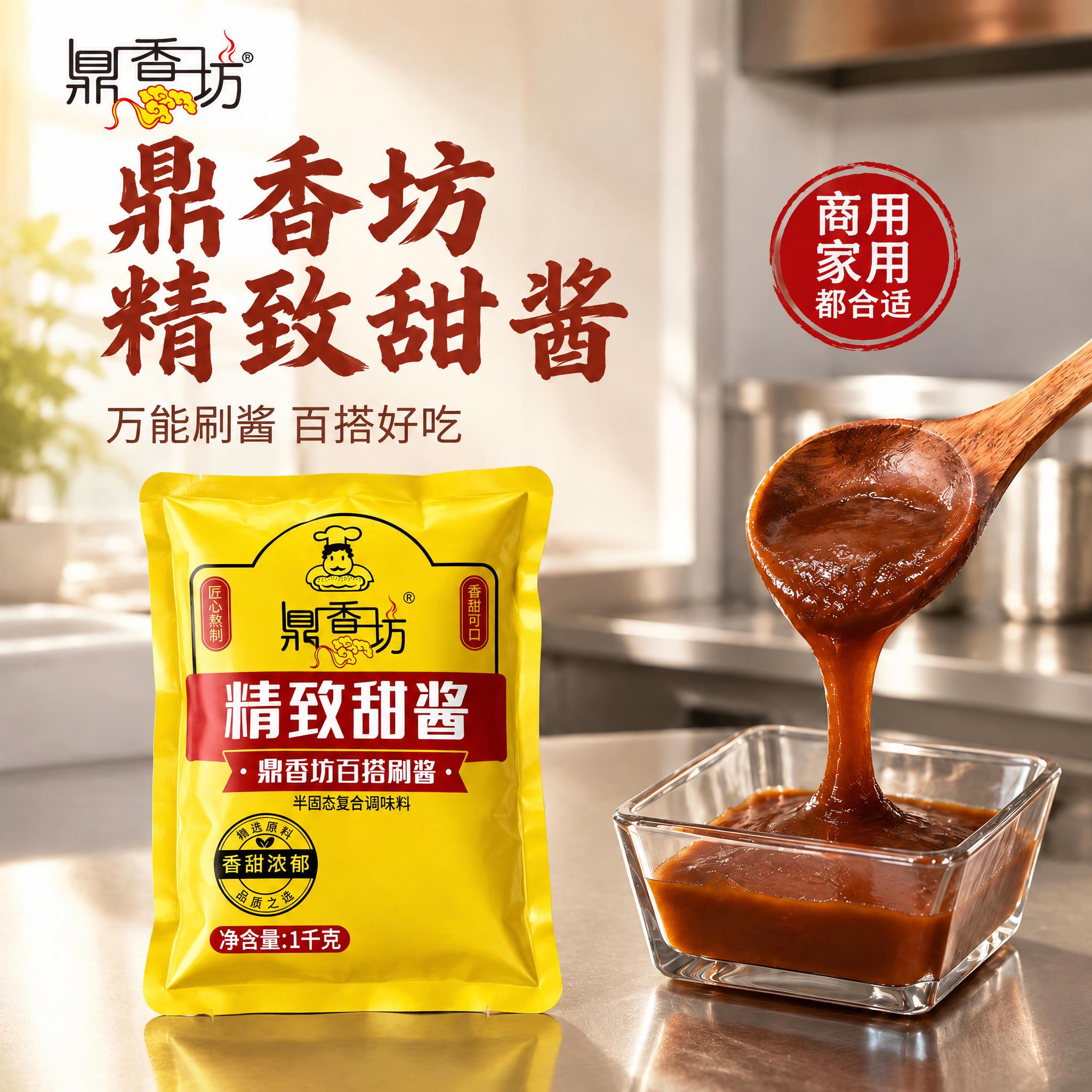 将图中的银色铝箔袋替换为图10中的黄色鼎香坊精致甜酱包装袋，保… - 图片创意预览