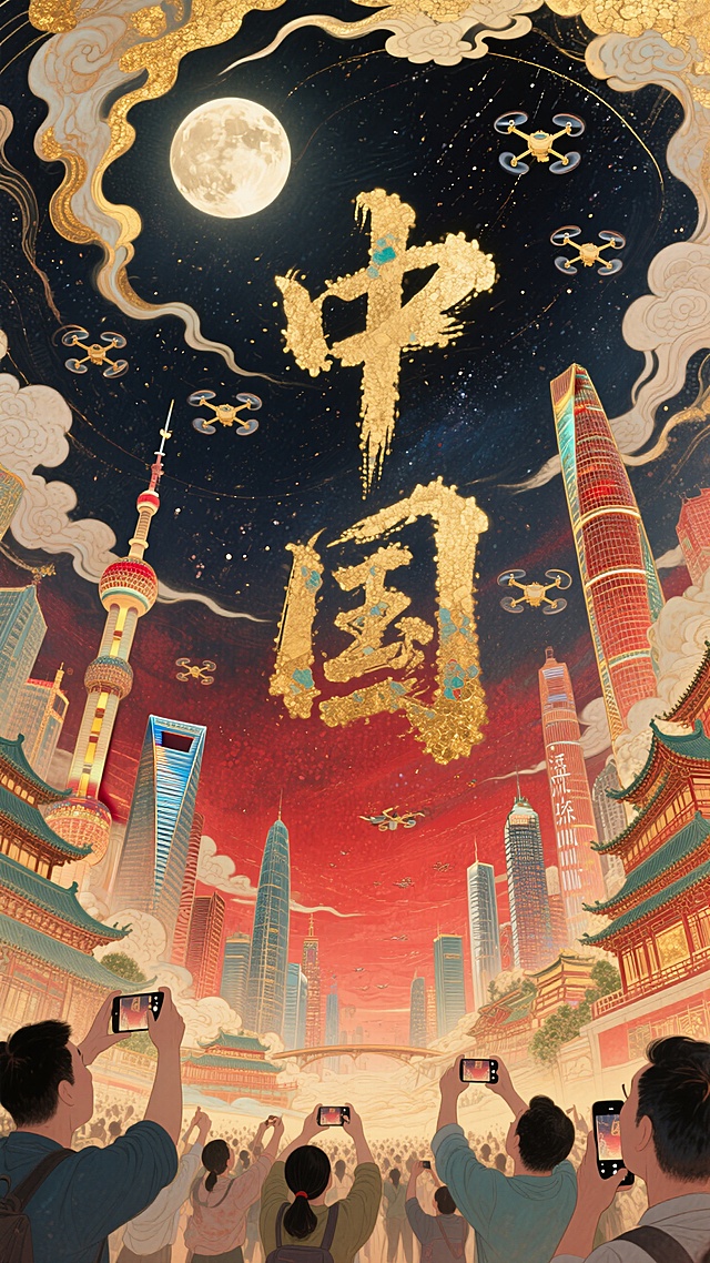 极致的仰视视角超强纵深透视，螺旋环绕构图，祥云环绕贯穿整个画面，北京、上海、深圳等标志性建筑矗立其中，几千架发光的无人机组成“中国”的字样，从城市里向红色调的星空飞去，城市里的人震惊这神奇的一幕，许多人举起手机记录这一幕，满月，超强透视。国家富强昌盛，人民安康乐业的景象。