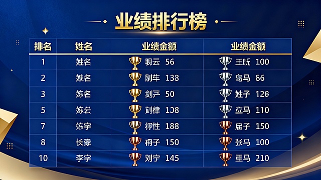 生成一个横屏业绩排行榜