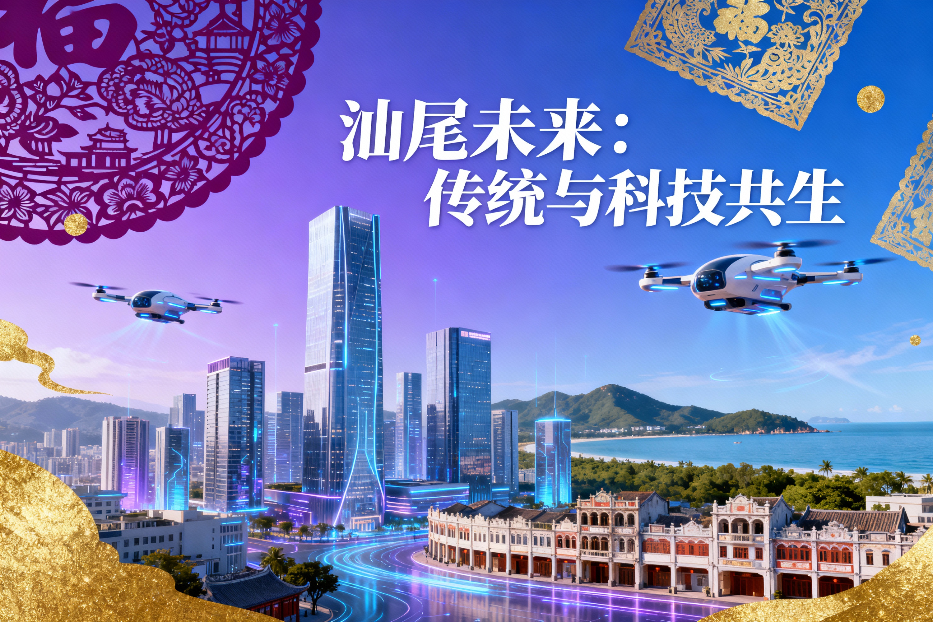 请帮我生成一张关于广东省汕尾市未来想象宣传图 - 图片创意预览
