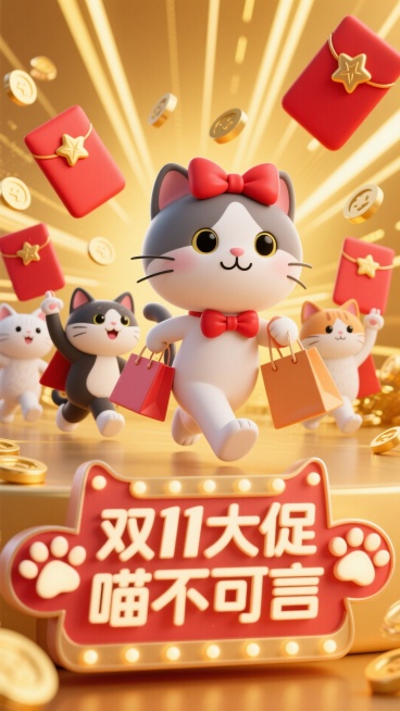 主视觉为头戴红色蝴蝶结的猫咪，优雅地叼着购物袋快步跑出画面，身后 3 只小猫举着红包袋紧随其后，正面视角。背景点缀金色金币、红色红包、星星状放射线，画面下方是带有猫爪元素的 3D 文字灯牌 “双 11预览效果