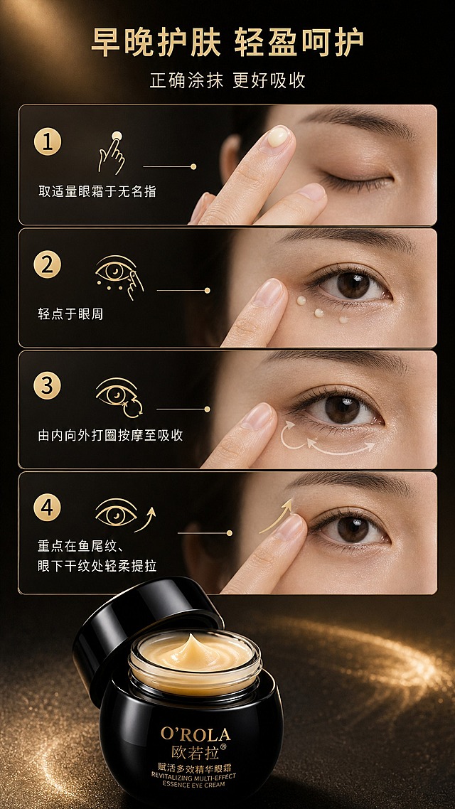 [商品] 使用【图1】欧若拉赋活多效精华眼霜开盖产品图：保留黑色高光圆罐、黑色旋盖、淡黄米色乳霜与金色“O'ROLA 欧若拉®”“赋活多效精华眼霜 REVITALIZING MULTI-EFFECT ESSENCE EYE CREAM”包装文字；原图背景宣传文字不保留。
[画面] 详情页第6张使用步骤页：亚洲女性手部与眼周局部特写，纵向4步演示条（取量→点涂→打圈→提拉），产品开盖置前景台面，每一步配金色序号徽章与动作小图，画面为真实使用场景，手部动作自然，光影柔和高级；阅读动线自上而下。
[视觉] 套系策略：风格=高端黑金奢华商业摄影；标题字=现代无衬线粗体；正文字=简洁无衬线体；主色=深炭黑；背景延展=深黑到暖黑渐变、细腻金粉光泽与柔光纹理、深浅明暗材质延展；强调色=金色，仅用于小面积图标、引线、编号徽章和局部光效；标题色=金色；正文色=暖米白；组件=金色描边圆角信息卡、细线引线、金色编号徽章；光影=右上侧金色柔光+产品轮廓光。
[文字] 主标题“早晚护肤 轻盈呵护”，副标题“正确涂抹 更好吸收”；4步文字：①取适量眼霜于无名指②轻点于眼周③由内向外打圈按摩至吸收④重点在鱼尾纹、眼下干纹处轻柔提拉。所有文字仅横向排版，步骤文字清晰可读。
[规格] 图片比例9:16竖版，4K，亚洲成年女性手部与眼部，避免变形、错字、文字过小、冷蓝/蓝灰背景、商品外观改变、包装文字错乱、竖排或旋转文字；不出现任何平台logo、水印、二维码与绝对化宣传用语。