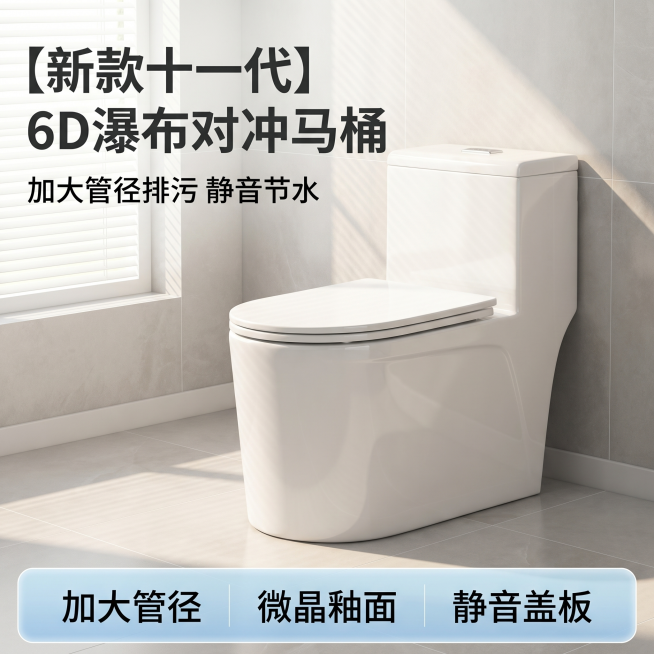 [主图 1] 新款防裂防溅水虹吸式马桶首图，融入明亮浅色系卫生间场景。[氛围风格] 干净整洁，家用温馨，明亮通透；[画质] 商业摄影质感、光线柔和通透、产品清晰真实、画面干净高级。[元素] 马桶居中放预览效果