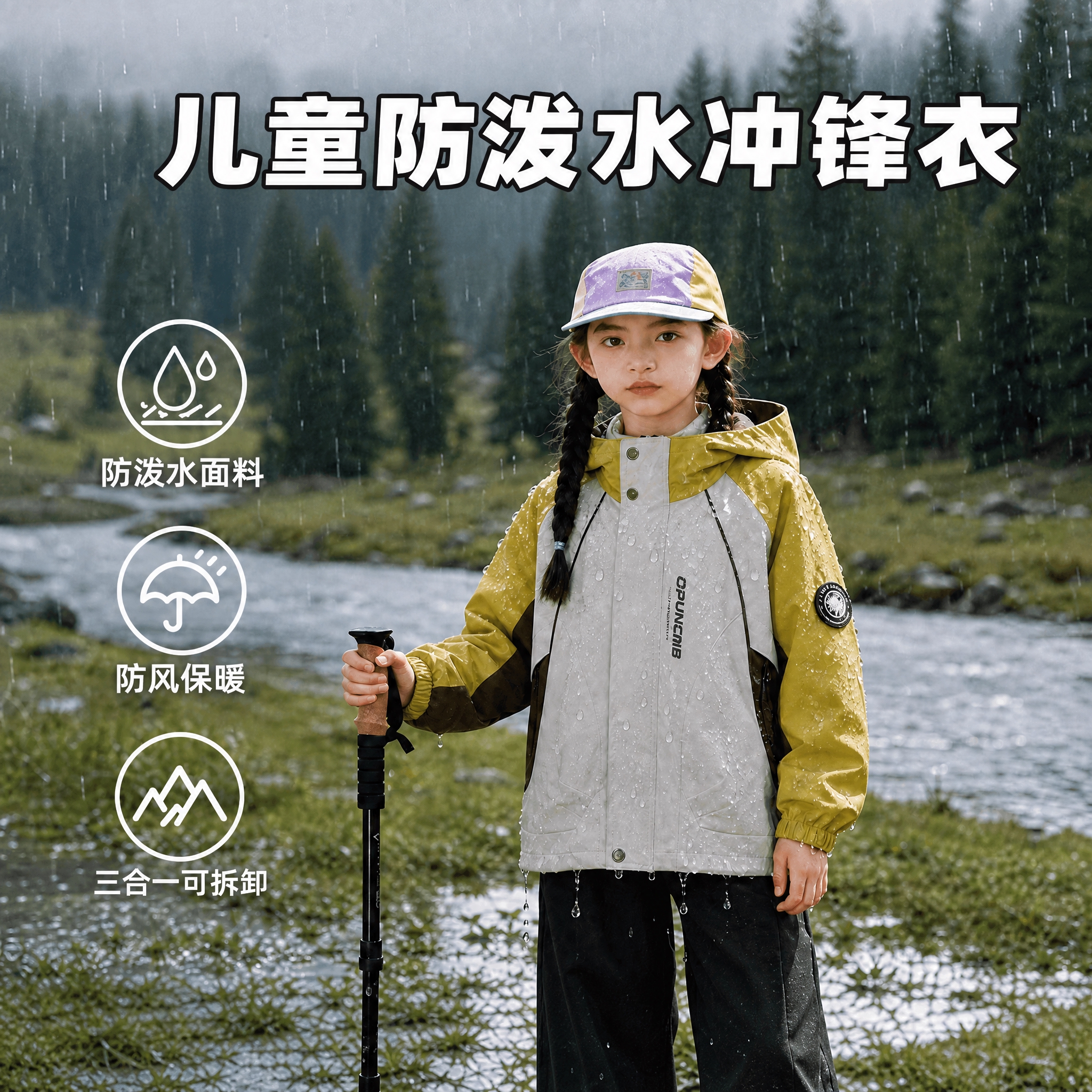 基于这张儿童冲锋衣主图进行修改，保持人物、服装、雨天山林溪流背… - 图片创意预览