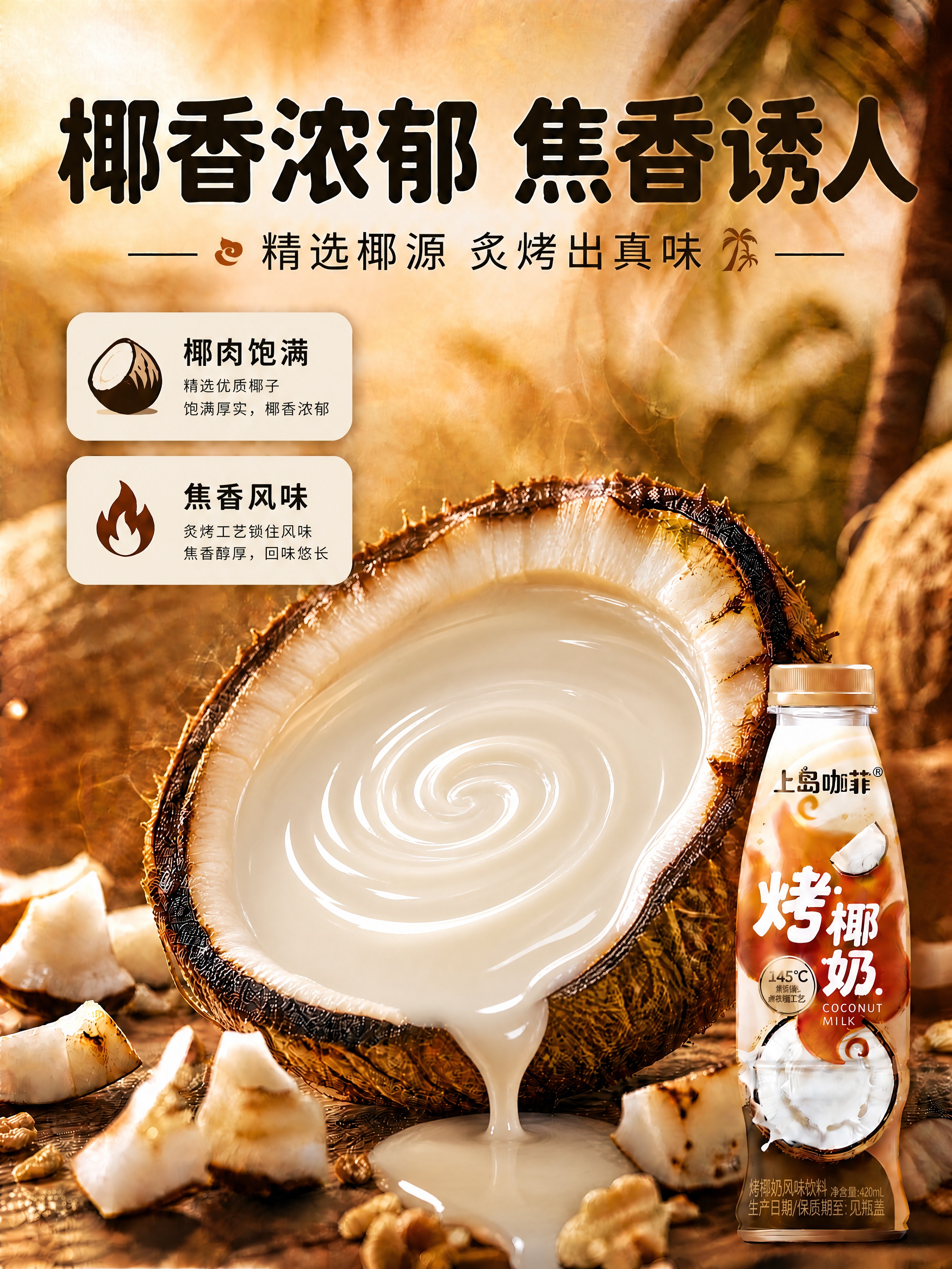 将椰子内部的牛奶调整为更稀薄的液态质感：降低奶液浓稠度，使其呈… - 图片创意预览