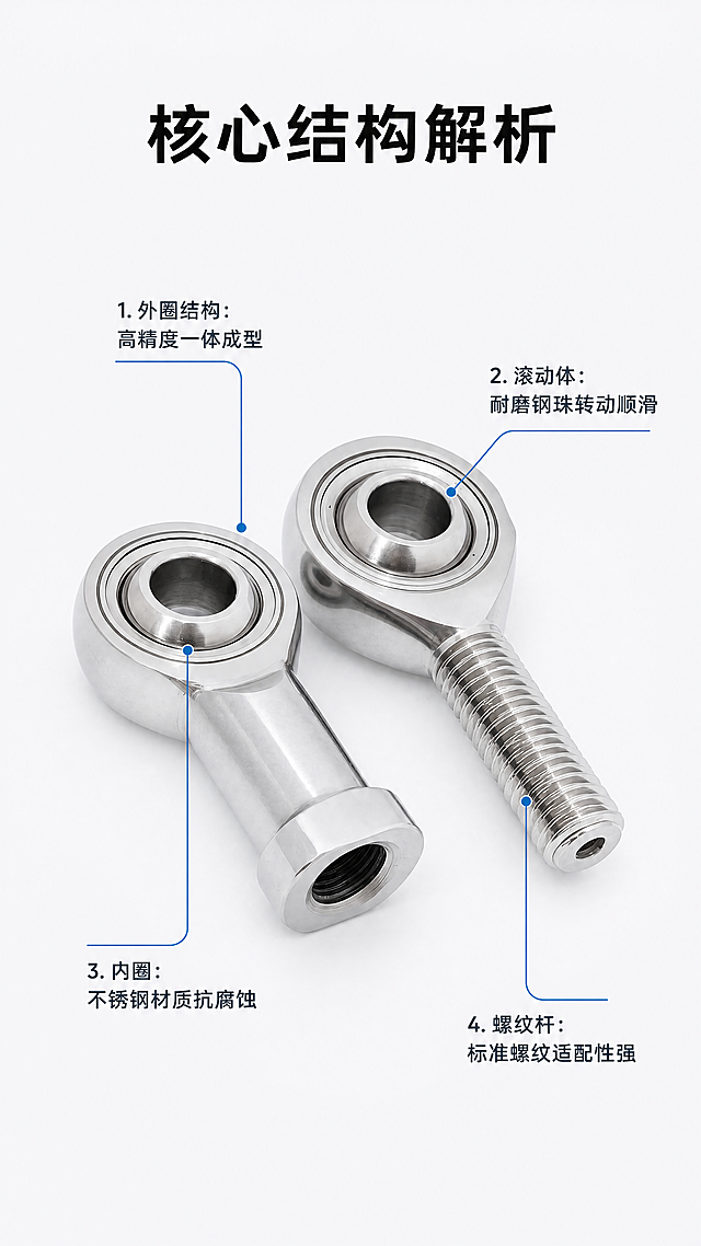 [第3屏] 核心结构解析-不锈钢关节轴承结构引线标注。
[氛围/风格] 专业解析风格，干净通透，突出结构细节，清晰易读。
[元素布局] 不锈钢关节轴承整体居中放置，保持产品结构、材质、颜色与输入产品图一致。使用细引线从轴承关键部位引出，分别标注每个部件名称和优势。主体产品占画面约60%，四周留白放置引线标注，布局舒朗不拥挤。
[光影质感] 均匀布光，产品金属纹理清晰，标注引线纤细不遮挡主体，整体清晰通透。
[配色色系] 全局底色：#F8F9FA（浅灰白）；主体配色：#E8F1F5（不锈钢银）；引线标注：#2c3e50（深灰文字）+ #3498db（蓝色引线）。
[视角构图] 45°斜侧视角，产品主体居中，引线从产品向四周引出标注，构图均衡，信息层级清晰。
[文字版式] 顶部主标题「核心结构解析」黑色加粗居中，字号占画面宽度6%。四个标注分别为：「外圈结构」高精度一体成型、「滚动体」耐磨钢珠转动顺滑、「内圈」不锈钢材质抗腐蚀、「螺纹杆」标准螺纹适配性强。每个标注对应引线引出，文字清晰简洁，不遮挡产品主体。
[比例分辨率] 9:16 竖版比例，4K分辨率，文字清晰可辨。
[负向提示词] 结构变形，标注引线错乱，文字模糊，颜色偏差，水印，背景杂乱。