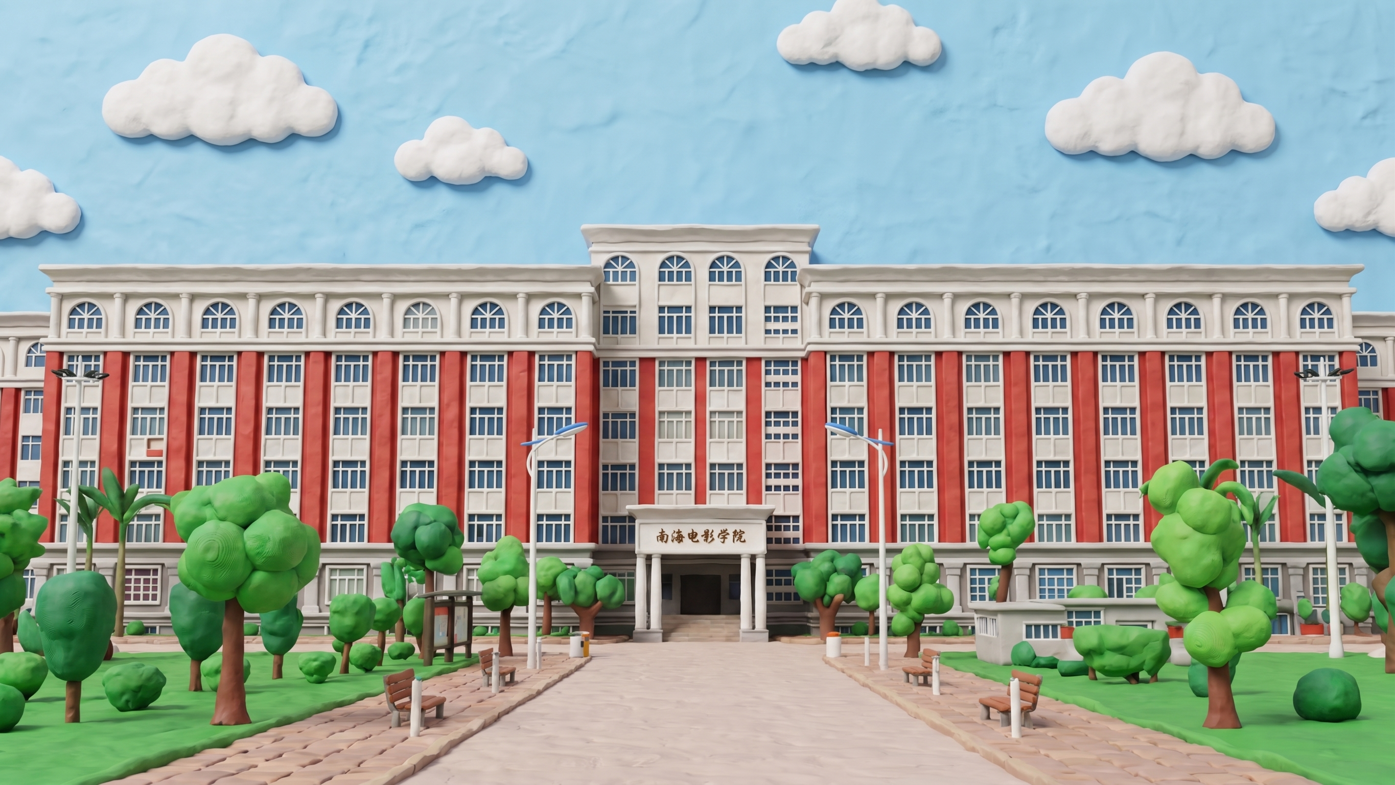 将这张校园建筑照片改为卡通3D黏土风格，整体风格参考第二张参考… - 图片创意预览