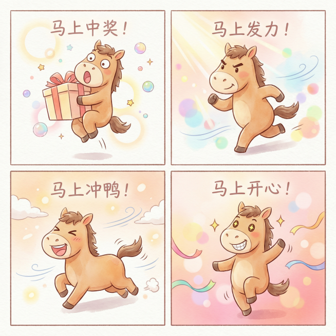 整体风格：
水彩/治愈风格，柔和渐变色彩，温暖明亮，轻盈笔触，小马拟人化Q版，动作夸张，表情生动可爱，背景柔和简洁，带轻微光晕或柔和元素（云朵、光斑、彩带、心形、泡泡等），整体色调温暖舒适，社交媒体表预览效果