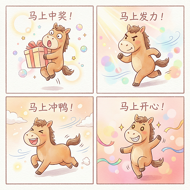插画风拟人小马，水彩质感渲染梦幻场景，融合可爱与喜庆元素，传递趣味励志祝福，节日氛围浓厚。