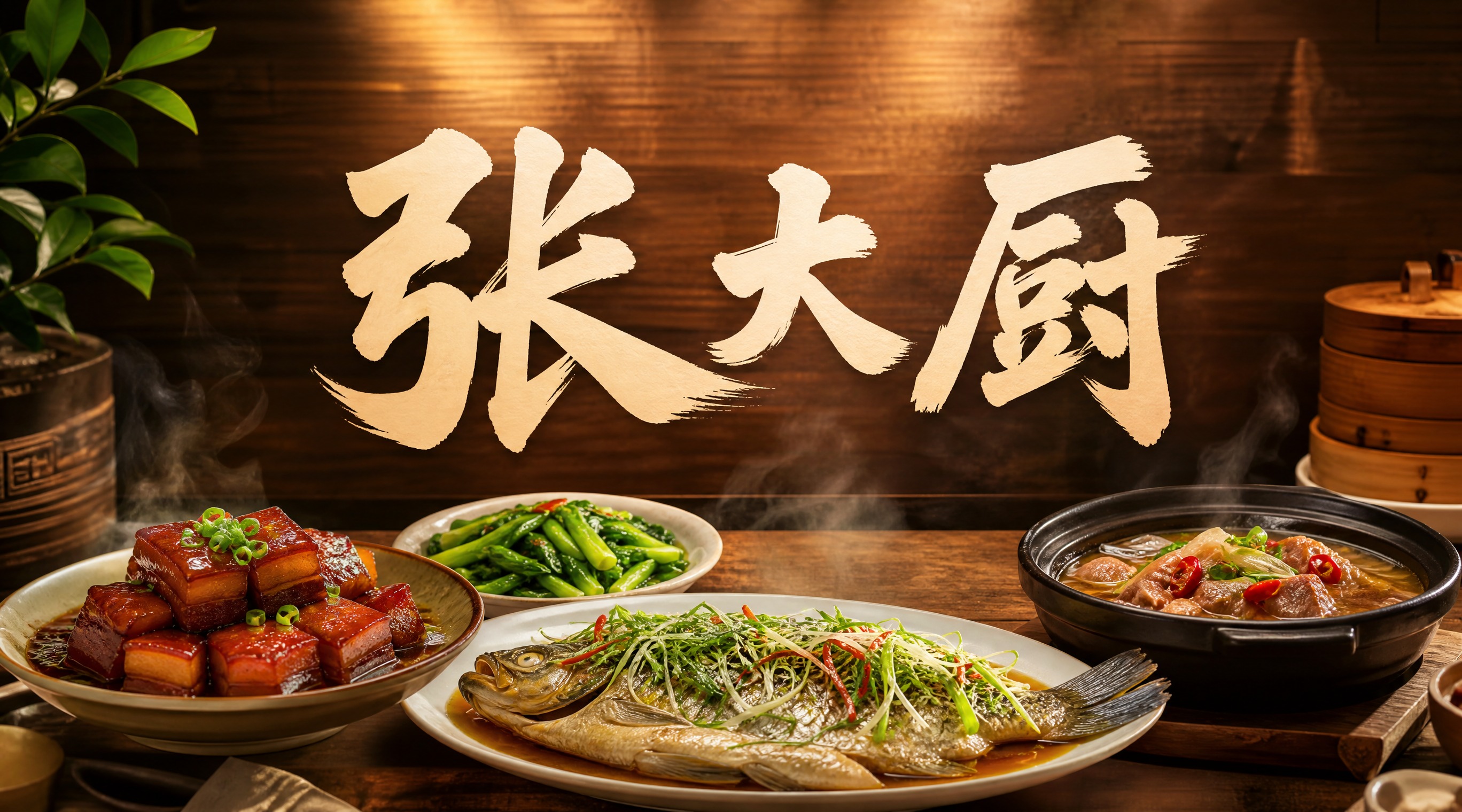 写实风格餐饮店铺店招设计，店名"张大厨"，画面展示精致的中式菜… - 图片创意预览