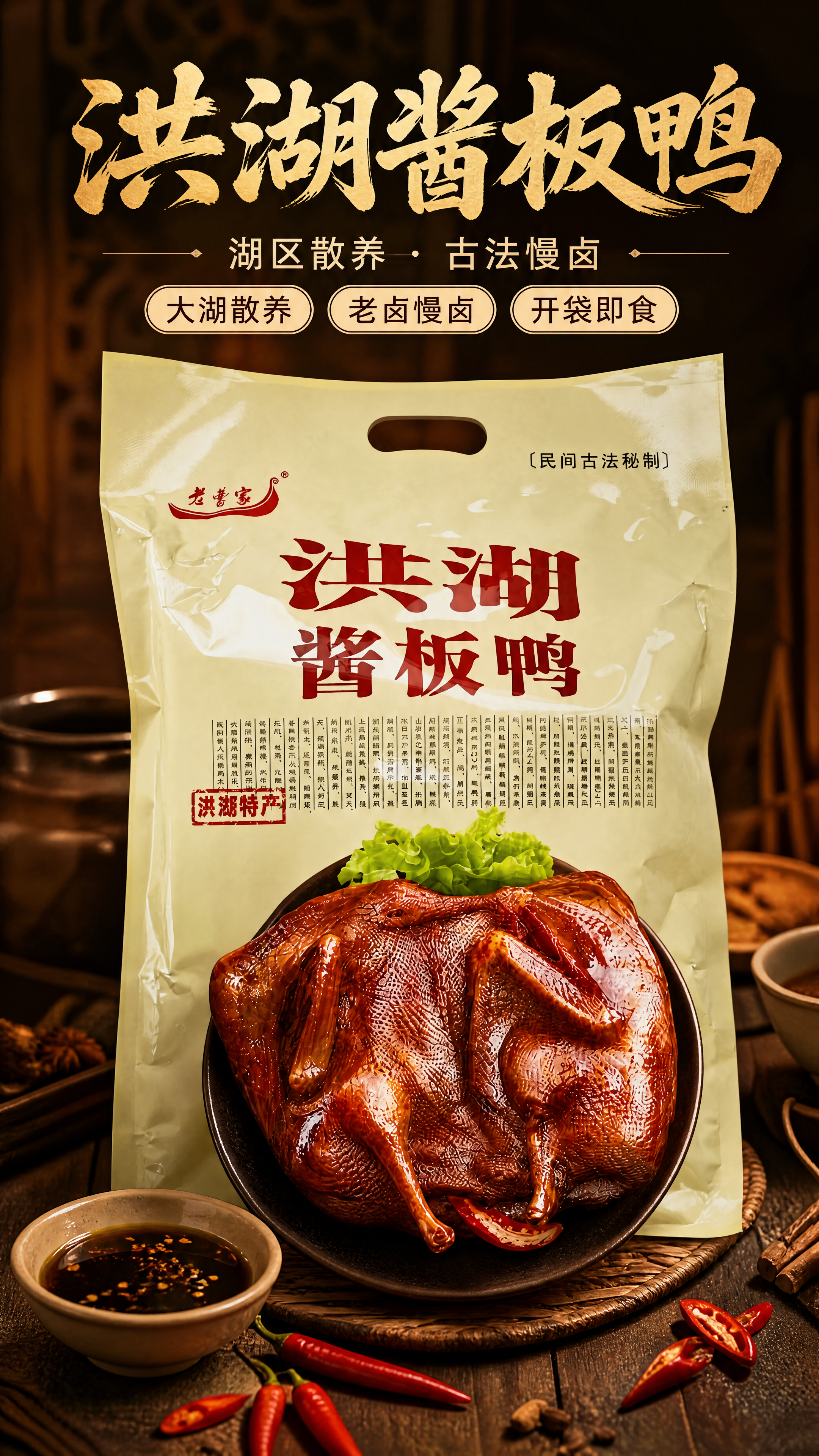 [商品] 使用【图2】洪湖酱板鸭正面包装袋（米黄袋身、红色"洪… - 图片创意预览
