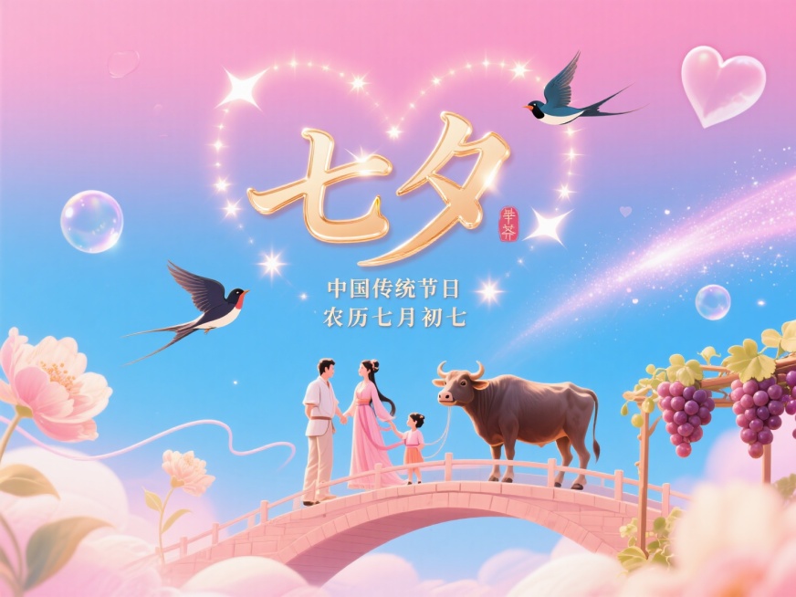 横向金色文字"七夕"要柔和些加小标题”中国传统节日“ ”农历七月初七“和小印章。创意字体设计点缀两只喜鹊、花朵元素，线条流畅，高级感，粉色背景，高纯度配色。天空设计一些闪亮的心型汽泡，闪闪的星星环绕成预览效果