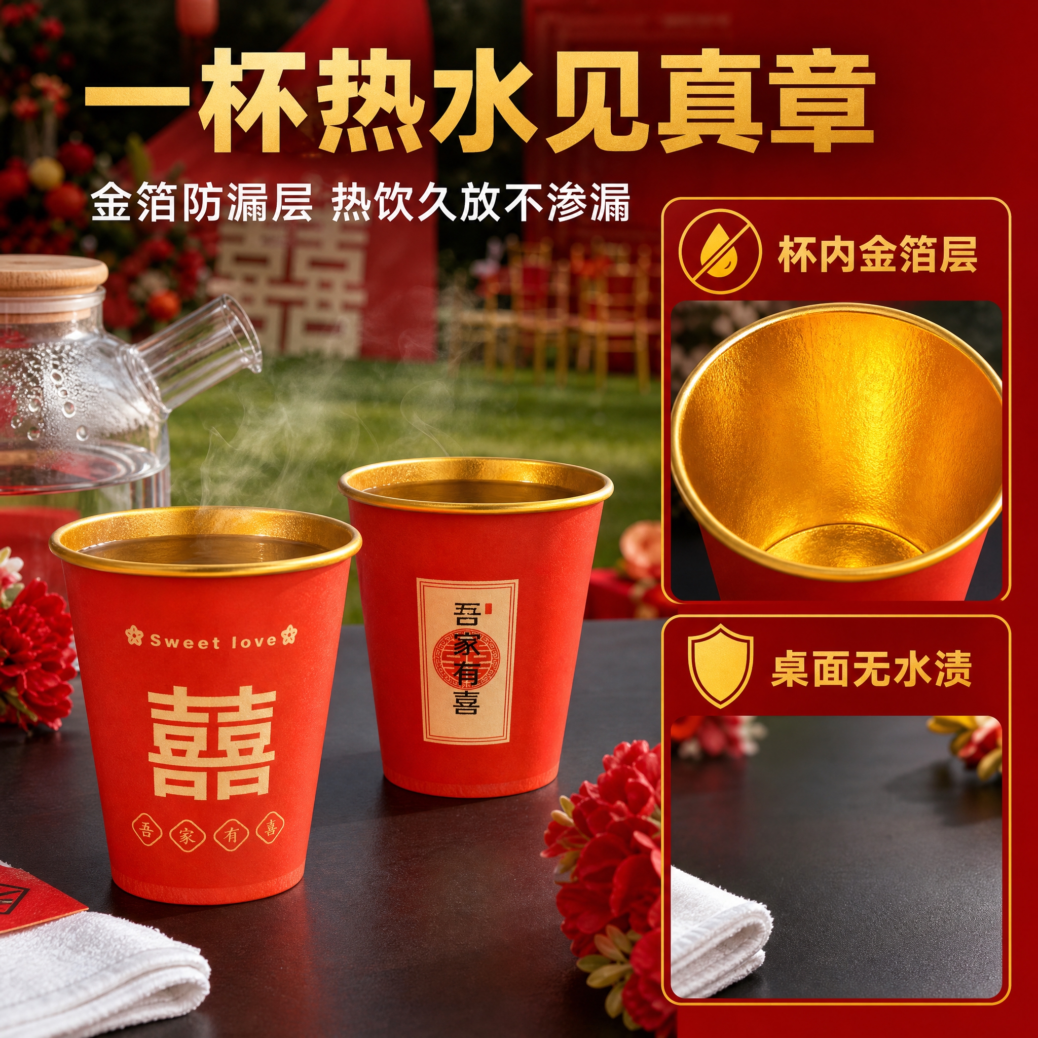 拼多多主图2，正红色加厚金箔一次性纸杯双款组合装（红色喜字款+… - 图片创意预览