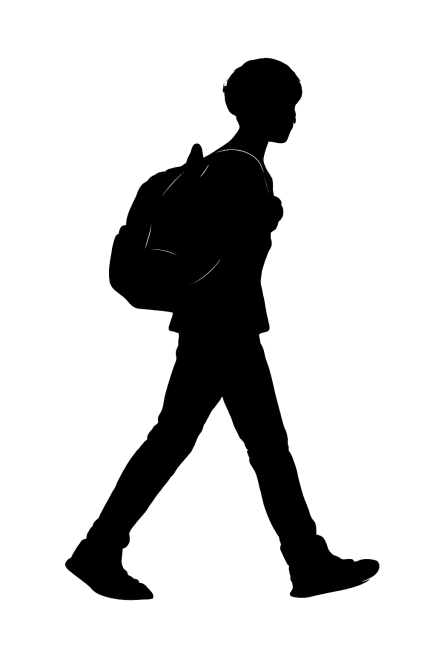 纯黑色男性学生背书包行走的剪影，纯白色背景，可抠图，动作方向和上一张一致朝右，和第一张风格统一，体现成长阶段差异预览效果