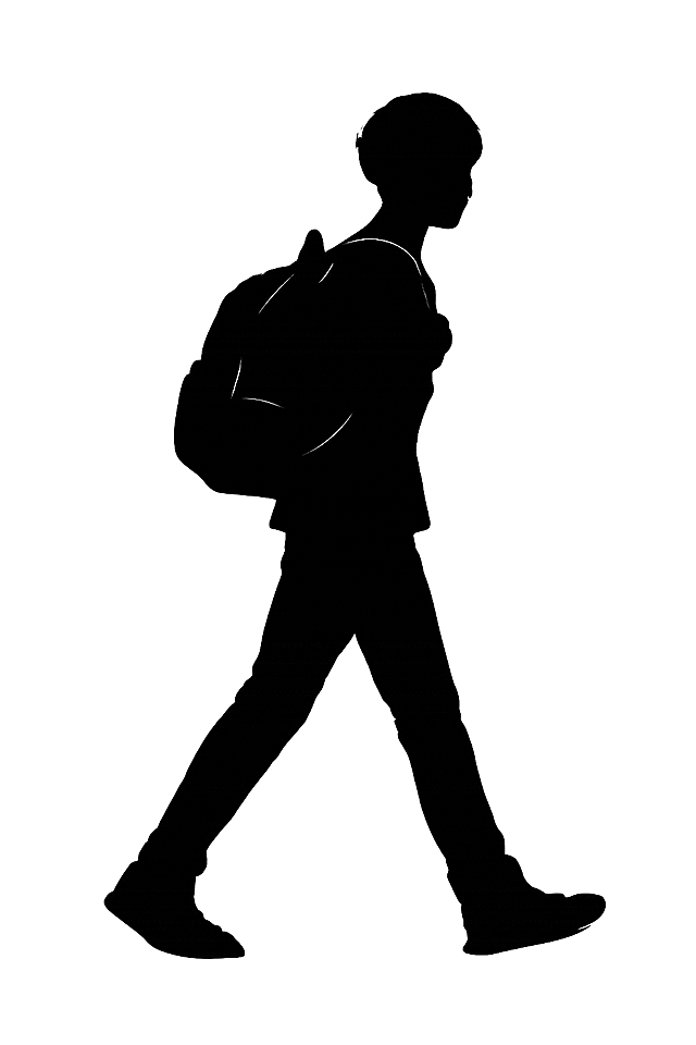 纯黑色男性学生背书包行走的剪影，纯白色背景，可抠图，动作方向和上一张一致朝右，和第一张风格统一，体现成长阶段差异