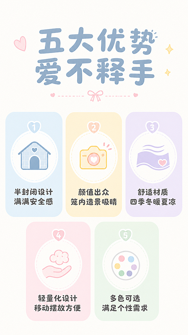 [第2屏] 核心卖点总览页，展示格纹网纱仓鼠窝五大核心优势。本屏整体延续软萌少女心马卡龙风格。[氛围/风格] 清新明快萌系风格，马卡龙多色块拼接，干净舒适。[元素布局] 顶部放置大标题，下方用五个圆角马卡龙色块分栏展示五大卖点，每个色块搭配一个简约小图标。保持整体排版松散透气，不拥挤。[光影质感] 整体均匀柔光，文字和色块清晰干净，无生硬阴影。[配色色系] 全局底色：#FAF9F6（米白）；五个卖点色块分别使用浅蓝、浅黄、浅紫、浅粉、浅绿马卡龙色；文字使用深灰色。[视角构图] 纯排版构图，从上到下依次为大标题-卖点分栏，信息层级清晰，符合手机阅读动线。[文字版式] 顶部大标题「五大优势 爱不释手」，粗圆字体，浅灰蓝色。五个卖点分别为：1.半封闭设计 满满安全感；2.颜值出众 笼内造景吸睛；3舒适材质 四季冬暖夏凉；4轻量化设计 移动摆放方便；5多色可选 满足个性需求。每个卖点文字在对应马卡龙色块中，居中排列，圆润字体，文字清晰。[比例分辨率] 9:16竖版，4K分辨率，文字清晰可辨。[负向提示词] 文字错乱，色块变形，颜色刺眼，水印，杂乱背景，极限词。