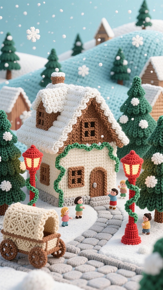 毛线编织的冬日小镇，融汇刺绣风与微缩艺术，卡通人物在雪中嬉戏，暖灯映照出温馨梦幻的圣诞氛围。