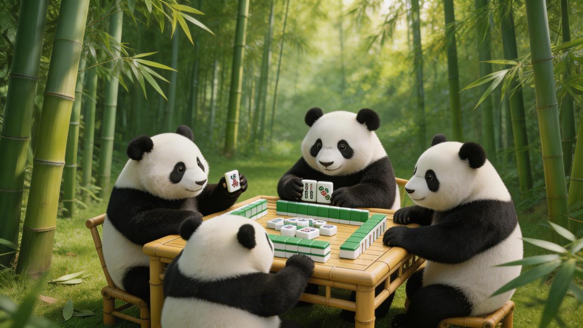 茂密的竹林里，几只可爱的大熊猫围坐在一起打麻将，画面生动有趣，富有冲击力，竹子翠绿茂盛，场景自然和谐，画质清晰细腻预览效果