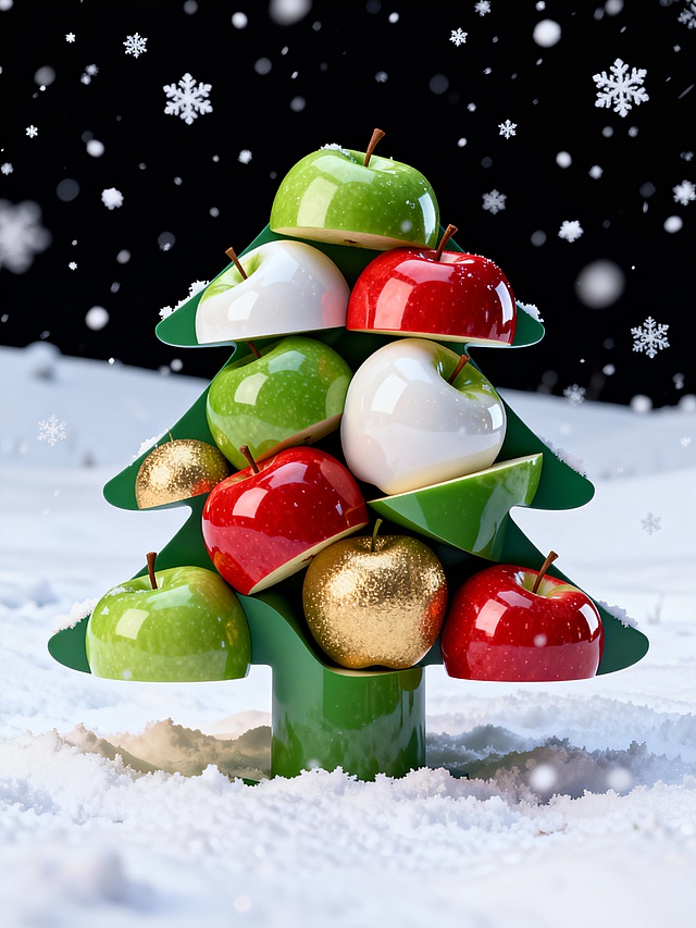 雪地场景中的圣诞平安果，空中飘落白色雪花。