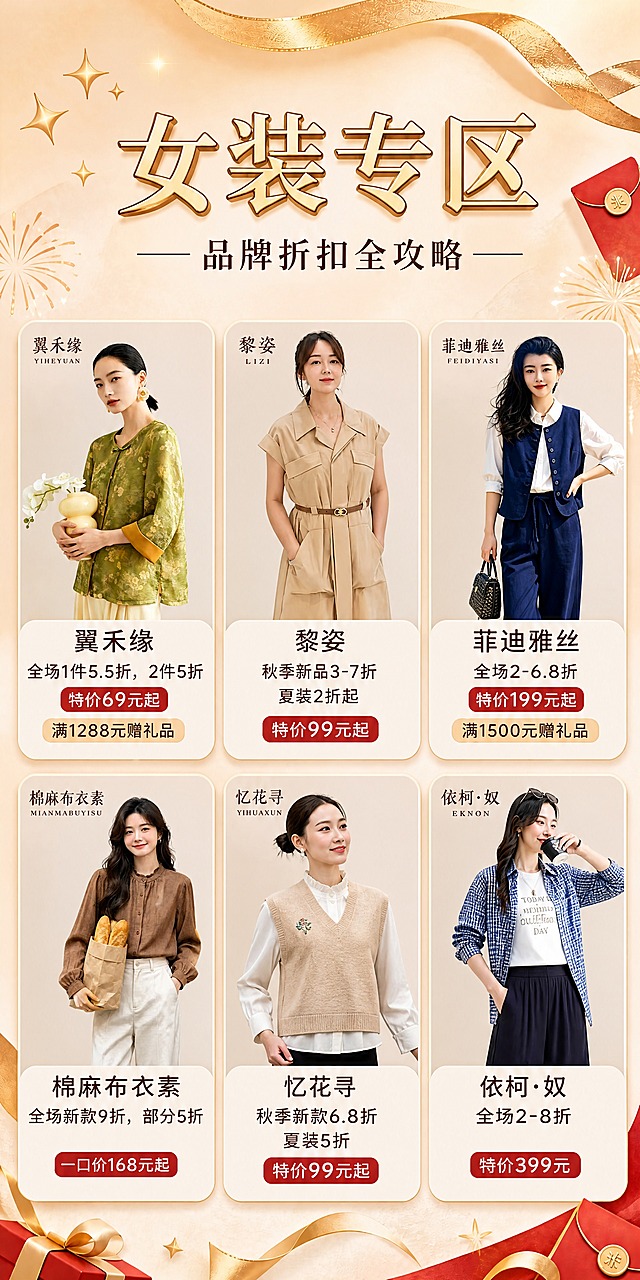 [商品] 使用【图1】女装专区作为版式、布局、文字内容和整体风格的底图，保持所有文字内容、卡片布局、背景装饰（金色丝带、烟花、红包、礼盒）、标题"女装专区"和"品牌折扣全攻略"完全不变。将6个品牌卡片中的产品图分别替换为用户提供的对应品牌图片：第一行左翼禾缘卡片替换为【图2】（绿色新中式上衣），第一行中黎姿卡片替换为【图3】（卡其色无袖连衣裙），第一行右菲迪雅丝卡片替换为【图4】（深蓝色马甲套装），第二行左棉麻布衣素卡片替换为【图5】（棕色衬衫白裤），第二行中忆花寻卡片替换为【图6】（米色马甲白衬衫），第二行右依柯·奴卡片替换为【图7】（蓝格衬衫黑阔腿裤）。每个品牌产品图需自然嵌入对应卡片的图片区域，去除原图背景中的价格文字、Logo文字、环境杂物等，只保留人物和服装主体，调整大小和位置使其适配卡片尺寸，与卡片边框自然融合。
[画面] 页面目标：替换女装专区6个品牌的产品图，保持整体版式和风格完全一致。竖版长图，2行3列品牌卡片布局完全保留，仅替换卡片内的产品图片。每个产品图在卡片内居中展示，人物比例协调，服装清晰可见。
[视觉] 套系策略：风格=国庆喜庆轻奢商业风，暖金质感，3D立体卡片；标题字=粗宋/衬线体，金色渐变描边；正文字=简洁无衬线体，深棕色；主色=米杏色（#F5E6D3）；背景延展=米杏色到浅棕色渐变，叠加细腻纸张质感；强调色=中国红+金色；标题色=深金棕色渐变；正文色=深棕色；组件=圆角米白色品牌卡片、金色描边、红色特价标签；光影=顶部暖柔光，卡片有轻微投影。所有视觉元素与【图1】完全一致。
[文字] 所有文字内容与【图1】完全一致，不做任何修改。包括顶部大标题"女装专区"、副标题"品牌折扣全攻略"、6个品牌的品牌名、折扣信息、特价标签、满赠信息等全部保留原样。
[规格] 图片比例与【图1】一致（约1:2竖版），4K分辨率，避免变形、错字、文字位置偏移、产品图与卡片不融合、风格不统一、产品图上残留原图文字/水印。