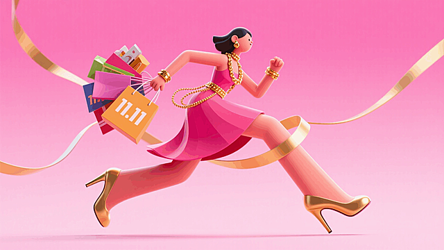时尚的女人提着一大堆购物袋向前大步奔跑。购物袋细节：商品从购物袋溢出来，购物袋子上印着”11.11“。人物细节：身上挂满金饰，拖尾裙。金色丝带在周围环绕贯穿画面，粉色背景