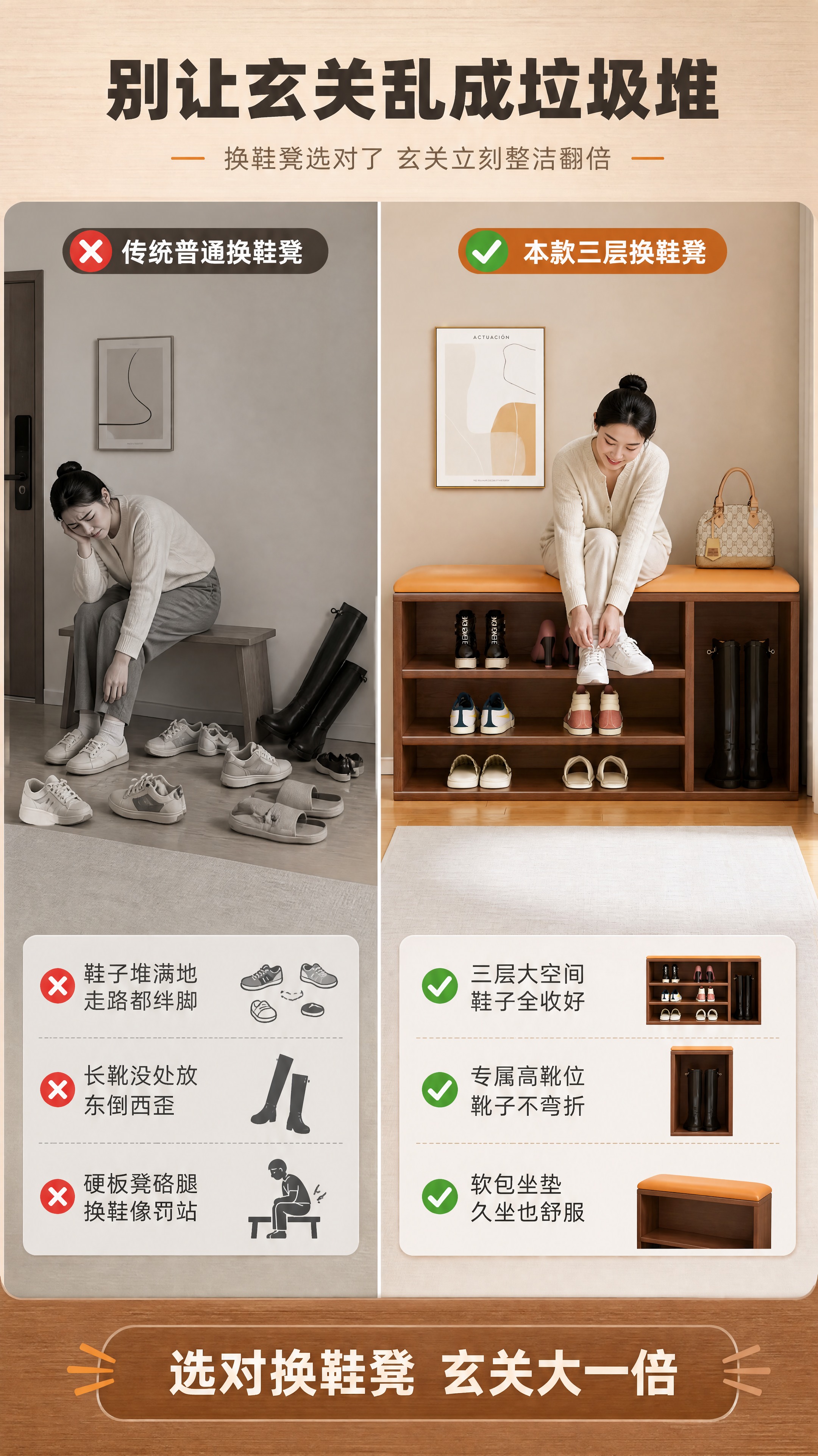 [商品] 使用【图1】胡桃木色三层换鞋凳鞋柜（橙色软包坐垫）；… - 图片创意预览
