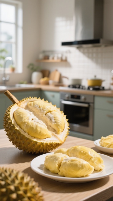 厨房场景背景，镜头聚焦一盘金枕榴莲纯肉，果肉细腻绵密丝滑，色泽金黄饱满，光影自然柔和，环境氛围温馨自然，画面清新有质感预览效果