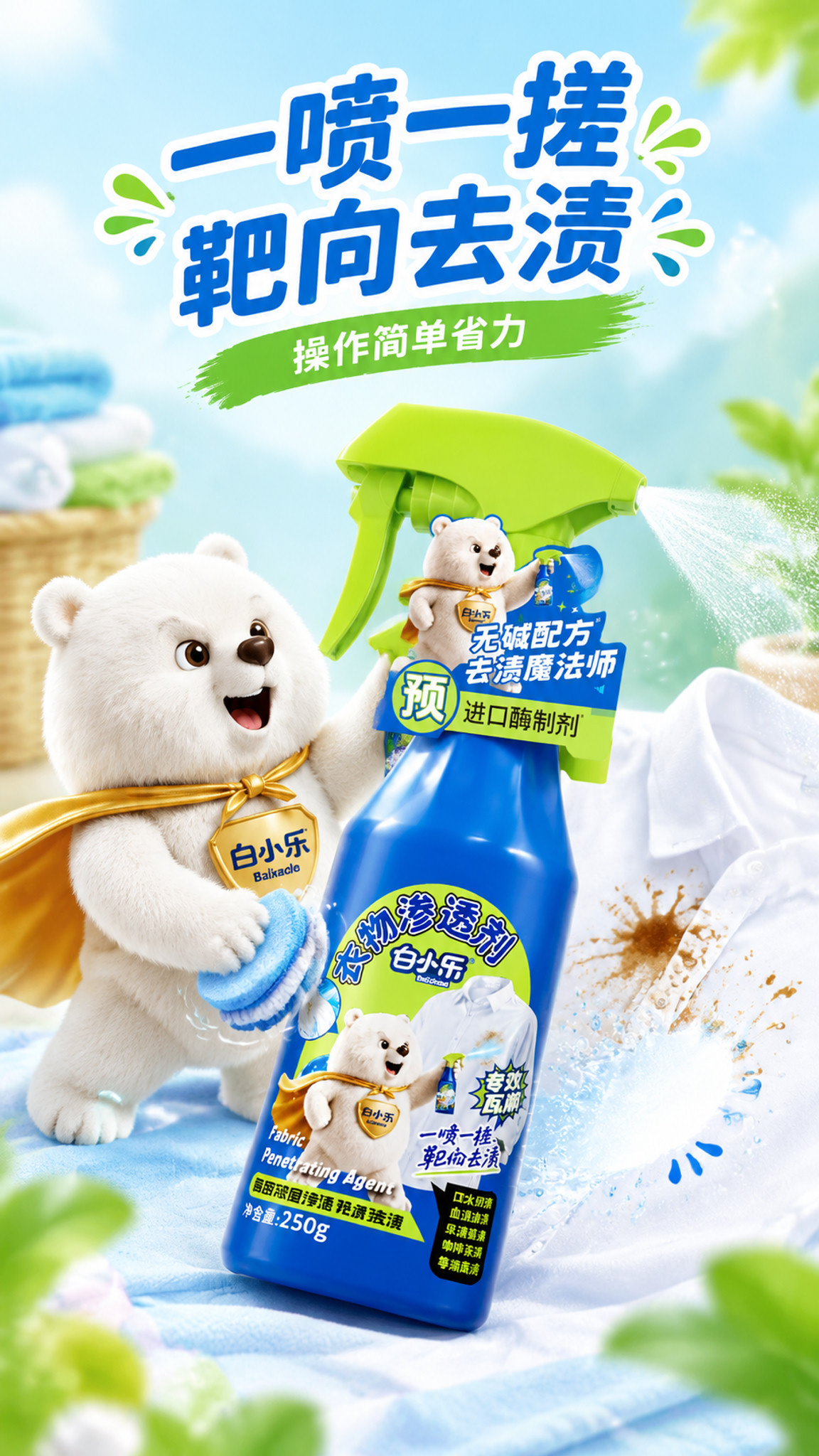 白小乐衣物渗透剂电商海报，竖版9:25比例，2K分辨率，浅色系… - 图片创意预览