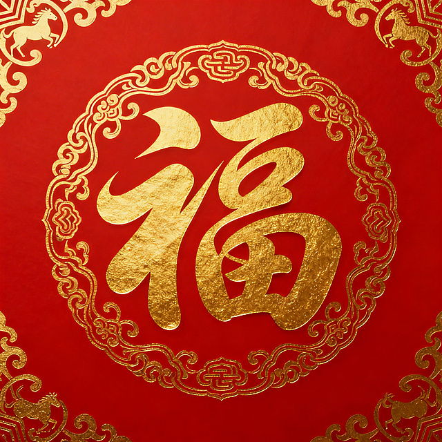 春节马年主题，大红色背景带有烫金卷草马纹、如意纹，正中间是具有设计感的行书金色福字，字体飘逸流畅
