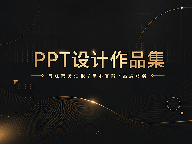 PPT设计作品集封面页，横板4:3，深色背景搭配金色线条，小红书配图风格，主标题是"PPT设计作品集"，副标题是"专注商务汇报 / 学术答辩 / 品牌路演"，排版精致，配色统一