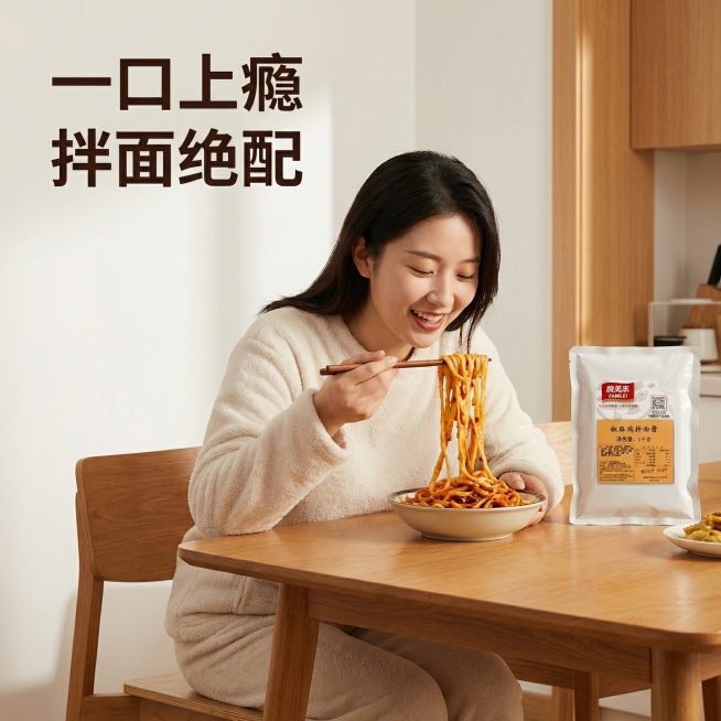 [主图 4] 椒麻鸡拌面酱食用场景展示图
[氛围/风格] 生活化场景，温馨治愈，自然暖光，真实食欲感
[画面元素] 一位年轻亚洲女生（穿着简约家居服）坐在餐桌前，筷子夹起裹满椒麻鸡酱料的拌面，酱汁微微预览效果