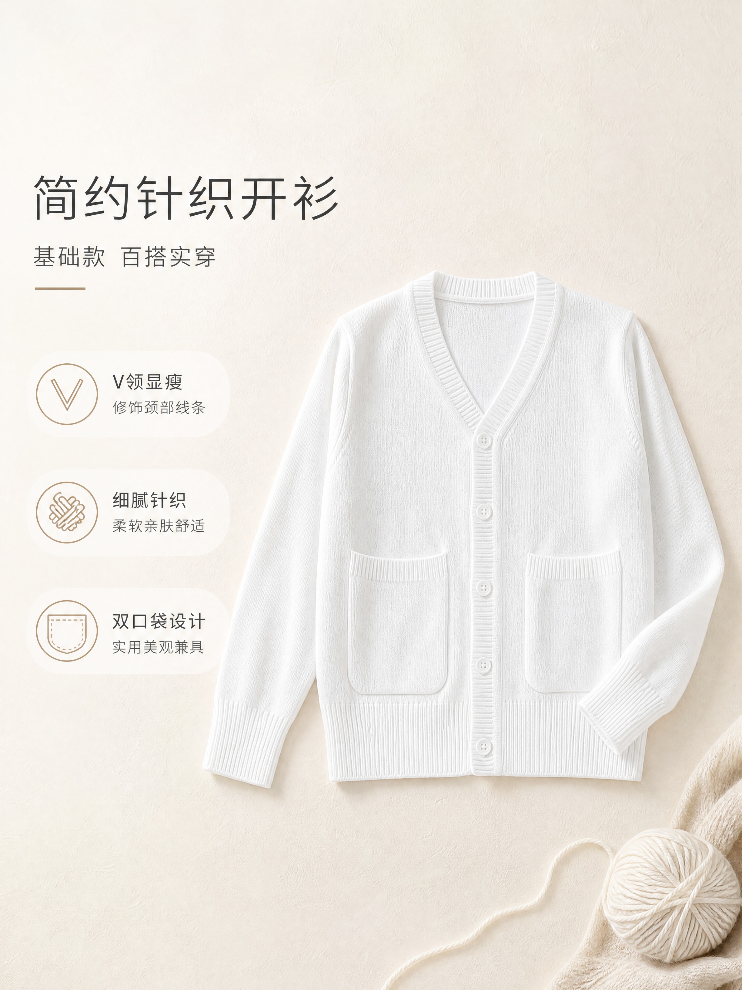 [商品] 使用【图1】白色V领针织开衫毛衣；商品处理：保留V领… - 图片创意预览