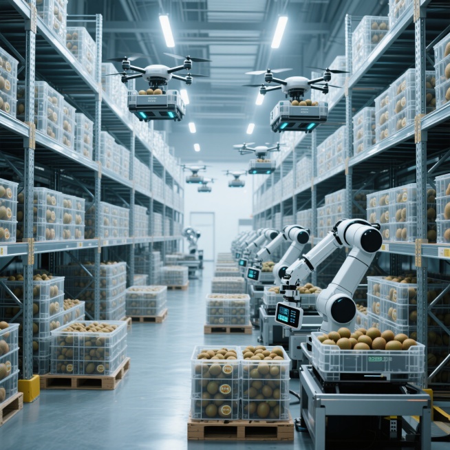 现代化猕猴桃仓库内部，整齐排列的成品猕猴桃箱堆至天花板，多架无人机在货架间穿梭运送货物，地面机械臂机器人正在装箱，质检机器人通过扫描检验果实，金属货架与透明仓储箱反射冷调灯光，整体场景充满科技感与工业预览效果