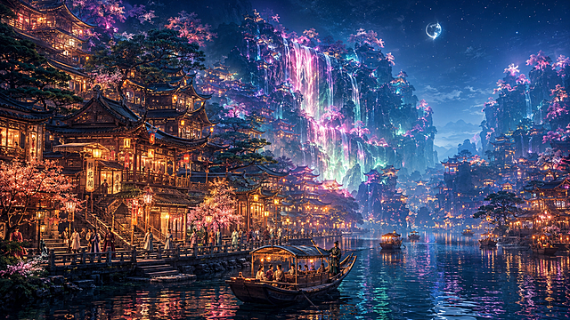 上古东方萤光瀑布仙城秘境，月夜下的临水盛景，史诗级中式美学场景，极繁主义细节，极致多层级空间深邃纵深感，兼具梦幻仙气与雅致烟火气，纵深构图，以江面与古建为引导线，强化从近景乌篷船到远景萤光崖壁的多层级空间延伸感，打造“萤光崖下仙城”的梦幻透视效果，画面左侧依山势层叠而上的多层木构古建群，飞檐翘角、雕梁画栋，暖黄灯火从窗棂透出，照亮临水步道与码头，古装人群往来其间，尽显雅致的市井氛围，步道边的奇松与粉樱点缀其间，营造出古意盎然的氛围，江面之上，乌篷船载着古装人群缓缓行驶，水面倒映着古建灯火与萤光蓝树，营造出静谧浪漫的氛围，画面中央的瀑布从崖壁飞流直下，水流泛着粉绿光晕，与山间萤光粉树交相辉映，形成梦幻的萤光瀑布奇观，深邃的淡蓝夜空，崖壁与萤光粉树向远方延伸，瀑布的水雾与夜色交织，通过古建的高低错落、江面倒影的对称延伸、光影的冷暖对比，极致放大场景的梦幻深邃感与浪漫氛围，古建的飞檐斗拱、雕花窗棂、木质廊柱与石阶、灯笼的纹理与光晕，崖壁的岩石肌理与奇松，细节可放大赏析，萤光粉树的朦胧光晕、瀑布的水流与水雾、乌篷船的木质结构与动态、古装人群的服饰褶皱与动态、江面的倒影，微观层次饱满，采用“近暖远淡、近实远虚”的光影逻辑，近景古建灯火暖黄明亮，中景江面灯火在夜色中朦胧柔和，远景萤光粉树泛着冷调粉光，通过明暗对比与虚实渐变强化梦幻深邃感，整体光影层次丰富，氛围感拉满，建筑的木质温润质感、崖壁的粗糙岩石肌理、萤光粉树的朦胧流动感、瀑布的水流与光晕、江面的镜面反光，8K超写实渲染，极致细节质感，中式仙侠美学，国风浪漫史诗，极繁主义构图，秩序井然的元素堆叠，通过多层级空间与光影打造极致梦幻深邃感，UE5渲染，8K超清，电影级调色，景深效果，HDR，禁止西方建筑元素、现代科技、畸形结构、模糊纹理、杂乱色彩、过曝/死黑区域，禁止人物出现畸形肢体，禁止破坏空间纵深感的平面化构图