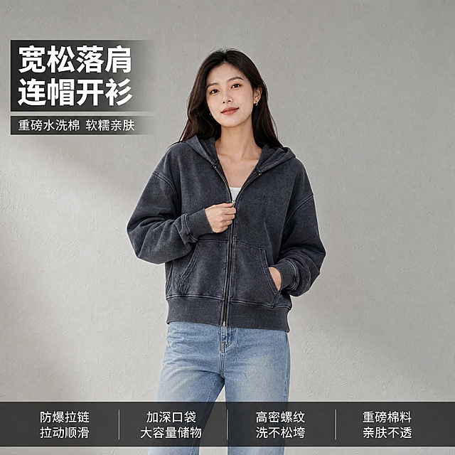 [主图-1] 女生短款宽松落肩拉链连帽开衫 模特正面穿搭展示首图
[氛围风格] 简约休闲松弛感 拼多多高性价比风格
[画质] 商业摄影质感 光线柔和通透 产品清晰真实 画面干净高级
[元素] 年轻亚洲女生 穿搭烟灰色重磅水洗棉连帽开衫 短款设计到臀围位置 落肩版型宽松舒适 模特自然站立 单手插袋鼠口袋 另一只手轻拉拉链展示顺滑效果 搭配简约蓝色牛仔裤 背景为干净浅灰色肌理墙 开衫保持原产品烟灰色 重磅水洗棉材质 短款螺纹下摆设计 保持产品外观物理结构材质颜色与输入产品图绝对一致 杜绝任何变形和色差 精细化处理 商品主体占比严格控制在70%左右 画面满屏无边框
[光影] 主光正面柔化 均匀打亮产品轮廓 侧光勾勒衣身纹理 背景干净无杂影 整体明亮通透 高光不溢出 暗部有层次
[配色] 主色调烟灰色开衫 浅灰色背景 牛仔裤浅蓝色点缀
[视角构图] 正面平视模特中景 涵盖膝盖以上 主体完整不裁切 视觉中心集中在开衫版型上
[文字版式] 左上负空间左对齐留安全边距 大字文案写"宽松落肩
连帽开衫" 白色粗体超大字 半透明黑色底衬托保证可读性 下方小字写"重磅水洗棉 软糯亲肤" 约三分之一字高 底部通栏均分四列展示核心卖点 每列一个卖点 白字黑半透明底：第一列「防爆拉链」「拉动顺滑」第二列「加深口袋」「大容量储物」第三列「高密螺纹」「洗不松垮」第四列「重磅棉料」「亲肤不透」文字清晰不遮挡主体
[比例分辨率] 1:1比例 4K分辨率 文字清晰可辨 超高清
[负向提示词] 变形 水印 文字错乱 产品模糊 背景杂乱 色差 过度P图