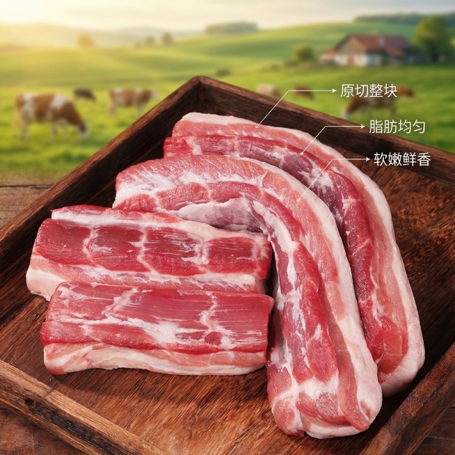 去皮五花肉电商主图，展示产品品质溯源卖点，保留原产品新鲜肉质特征，整体风格突出食欲感。画面主体是几片新鲜去皮五花肉放置在木质案板上，背景融入干净的牧场草地远景虚化，自然暖光照射。用纤细引线标注产品特点预览效果