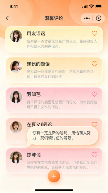 移动端抑郁症测试小程序我的评论页UI设计，整体风格温馨治愈，暖色调，主色调为淡橙色、柔粉色和米黄色，细腻渐变和轻柔阴影，大圆角卡片，圆润图标线条。展示用户评论过的文章列表，每个条目包含文章标题，一段灰预览效果