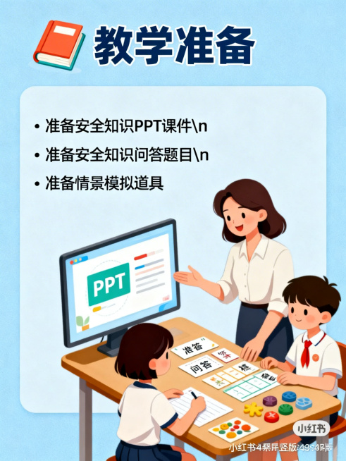 小红书3:4竖版宣传图，教学准备主题，浅蓝色背景。顶部标题"教学准备"配书本图标。左侧文字框内容："• 准备安全知识PPT课件\n• 准备安全知识问答题目\n• 准备情景模拟道具"。右侧插画为教师与学预览效果