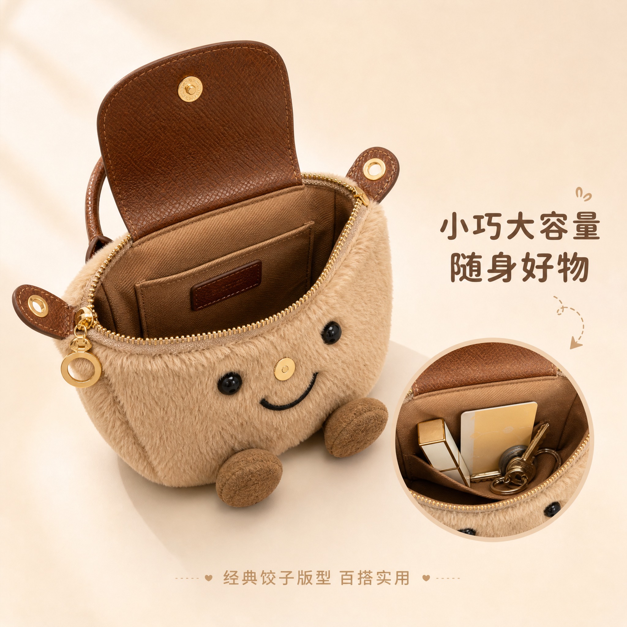 [主图-3] 迷你饺子包侧面+开口结构展示，突出容量与内部细节… - 图片创意预览