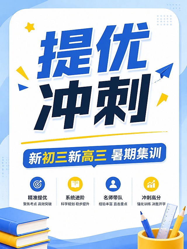 参考参考图的蓝黄配色和简约清新教育风格，招生海报，主标题"提优冲刺"，副标题"新初三新高三暑期集训"，上下分块，上标题下卖点，中间黄线分割，大面积留白，文案不密集，3:4比例，文字清晰突出，高清，版式精美