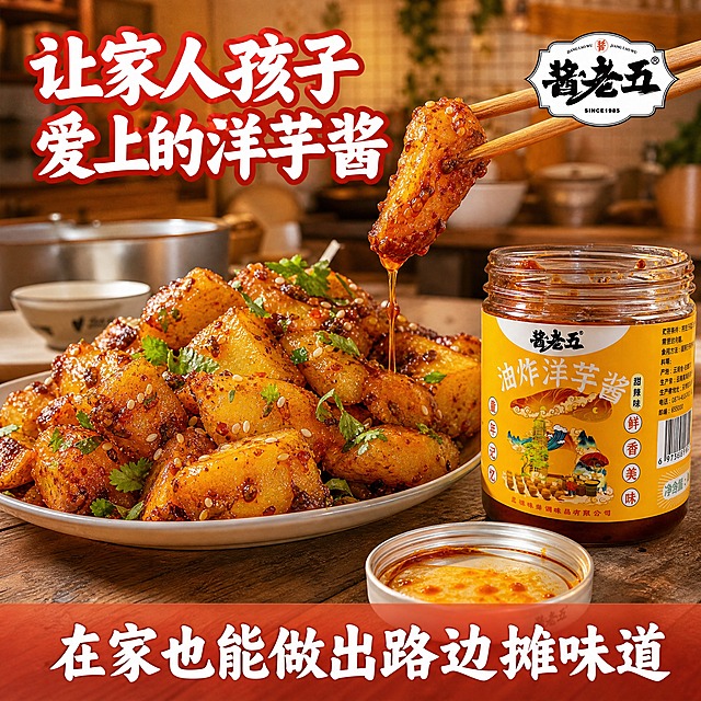 [主图-6] 酱老五油炸洋芋酱 使用场景 家庭厨房。
[统一基调] 拼多多风格 大字直白 高转化 暖棕红主色调 食欲感强 地道云南风味 粗黑体大标题 白字红边 强对比。
[画面] 温馨的家庭厨房场景，木质餐桌上摆着一大盘刚做好的炸洋芋，金黄诱人，裹满红亮的酱料，撒着芝麻和香菜，旁边放着一瓶打开的酱老五油炸洋芋酱（甜辣味黄瓶），瓶盖放在一边，瓶口能看到浓稠的酱料。一双筷子正夹起一块土豆，土豆上挂着酱汁拉丝。背景是虚化的厨房，有锅碗瓢盆，暖黄色灯光，营造家的温暖感。
[光影质感] 暖黄色室内灯光 柔和自然 食物表面油亮 酱汁有拉丝效果 瓶身玻璃有环境反光 生活摄影质感 温馨有烟火气。
[配色] 暖木色餐桌 金黄土豆 红亮酱料 绿色香菜点缀 整体暖色调 温馨有食欲。
[文字版式] 左上角大标题"让家人孩子 爱上的洋芋酱"粗黑体白字红边。右上角放酱老五品牌Logo。底部半透明红色条写"在家也能做出路边摊味道"白字。文字放在负空间，不遮挡美食和产品。
[输出要求] 1:1正方形 2048x2048 高清 产品瓶身标签与原图一致不变形 场景自然真实 文字清晰 无水印无平台Logo 禁止变形错字。