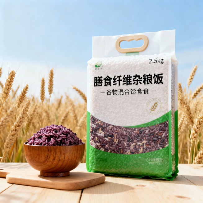 商业产品摄影，低角度仰视视角；主体是一袋 2.5kg 装的 “膳食纤维杂粮饭” 谷物混合主食原料，包装为上白下绿配色，带手提扣。左边放置一个装满煮好的紫红色杂粮饭的木碗，置于浅木色砧板和浅色木质桌面上预览效果