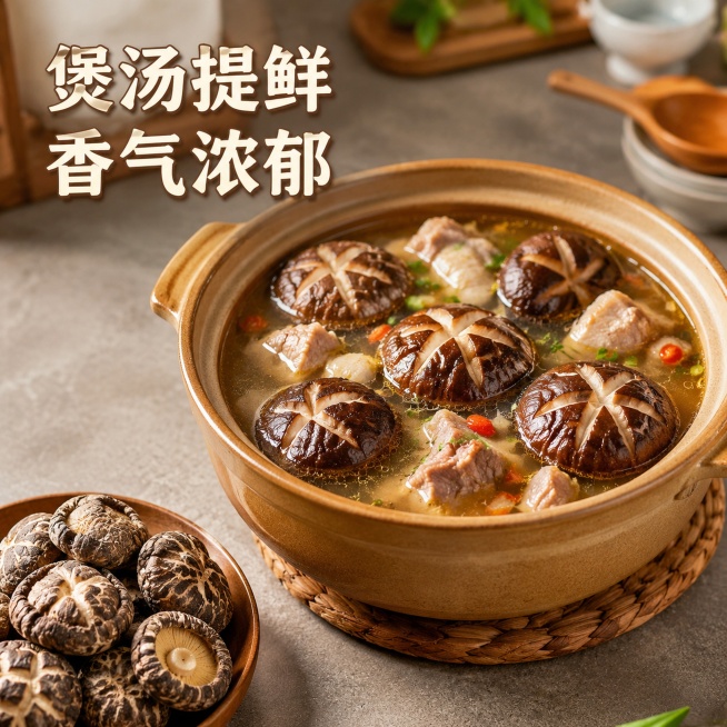 [主图-4] 干花菇泡发炖煮场景展示，增强食用代入感
[氛围风格] 温馨真实厨房场景，唤起食用联想，突出鲜香味美
[画质] 自然氛围商业摄影，色彩真实食欲感强，细节清晰
[元素] 陶制砂锅中炖煮好的花预览效果