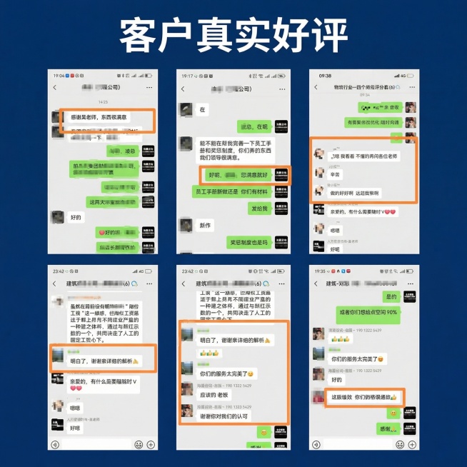 企业管理咨询服务客户好评展示主图，一比一正方形尺寸，整体风格参考第二张参考图，采用深蓝色背景，专业商务风格，排版整齐，嵌入6张真实微信客户评价截图，保持评价内容原图不变，排版为3行2列，顶部添加标题文预览效果
