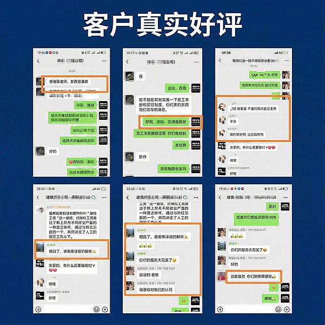 企业管理咨询服务客户好评展示主图，一比一正方形尺寸，整体风格参考第二张参考图，采用深蓝色背景，专业商务风格，排版整齐，嵌入6张真实微信客户评价截图，保持评价内容原图不变，排版为3行2列，顶部添加标题文字"客户真实好评"，保持整体设计简洁专业，和参考图配色风格一致，100%真实嵌入不修改原图