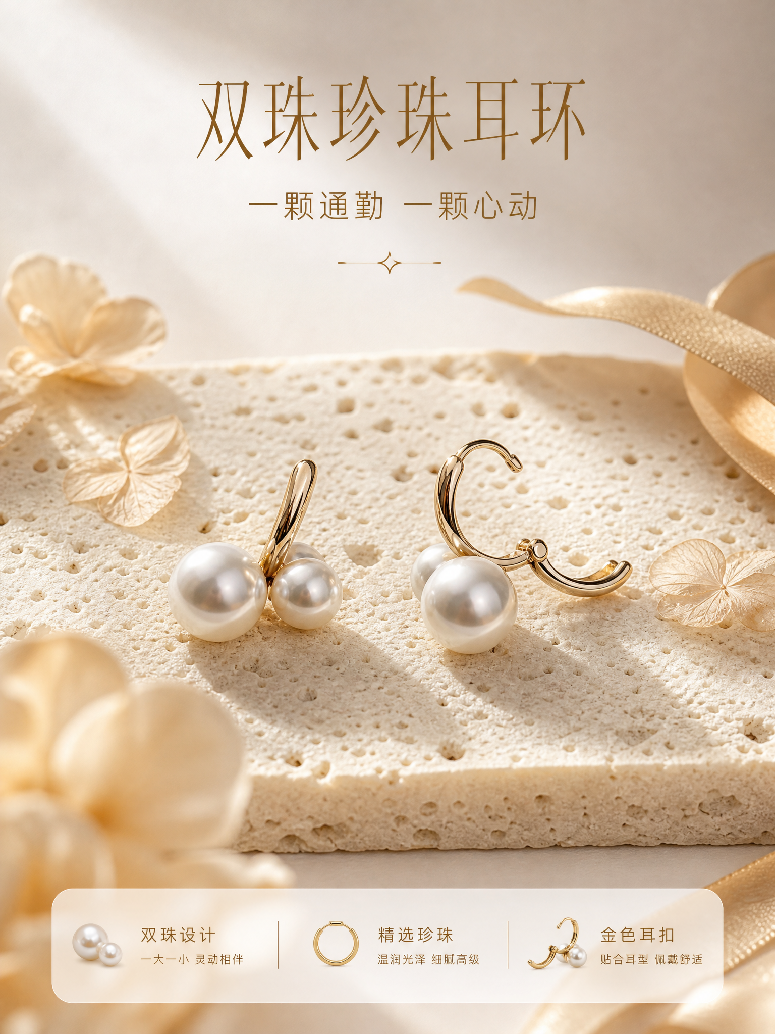[商品] 使用【图1】【图2】双珠珍珠耳环（金色耳扣款）；保留… - 图片创意预览