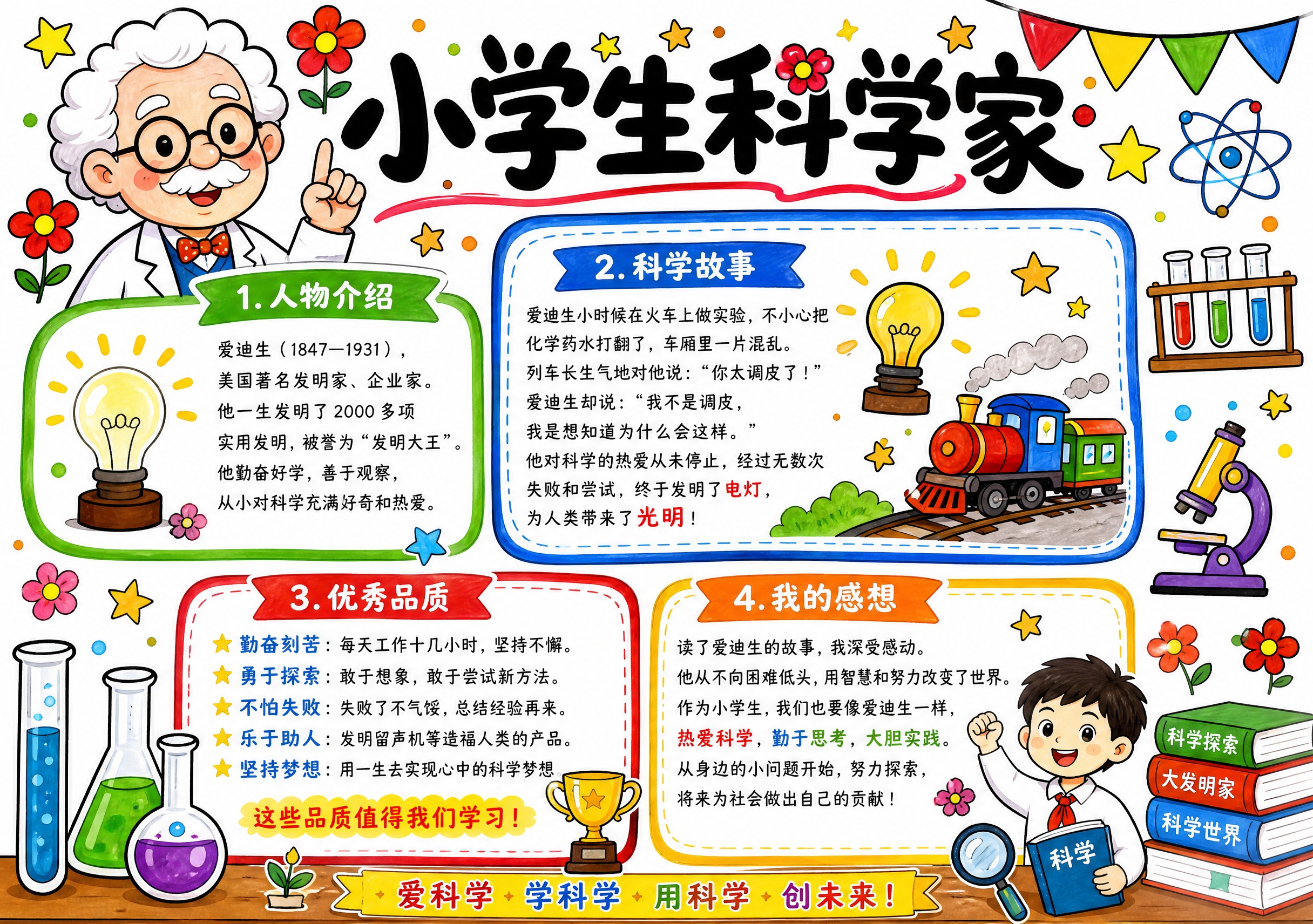 小学生科学家主题手抄报模板，横版A4，马克笔手绘风格，纯白色背… - 图片创意预览