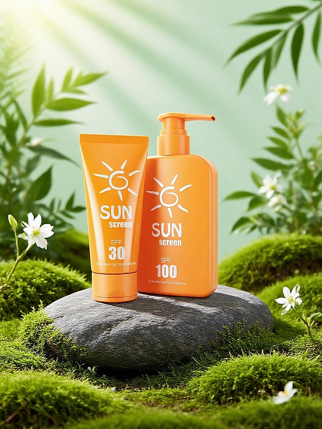 清新自然背景，简约现代设计，橙色防晒霜突显活力与保护。