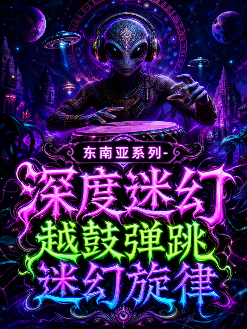 封面图，标题为“东南亚系列-深度迷幻越鼓弹跳迷幻旋律”，带有外星人氛围感，迷幻电子音乐风格，深色霓虹宇宙背景，神秘诡异科幻感，文字字体设计迷幻扭曲带有霓虹发光效果，文字清晰醒目，整体氛围迷幻动感预览效果