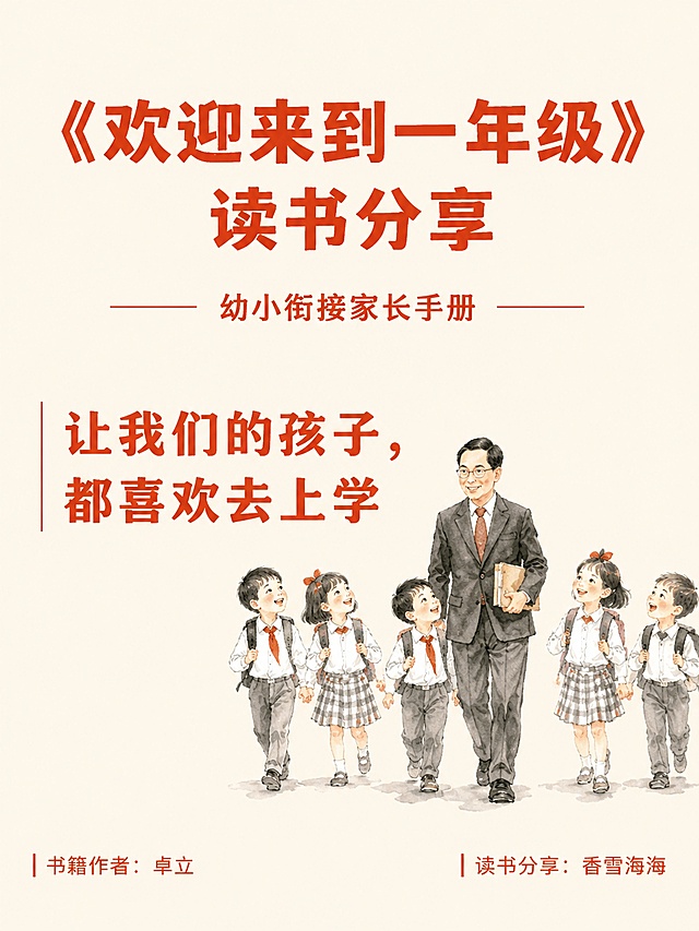 参考提供的书籍封面风格，生成一页3:4的PPT封面图片。配色为米白色背景配橘红色文字，风格简约朴素带有儿童插画。大标题为"《欢迎来到一年级》读书分享"，副标题为"幼小衔接家长手册"，页面主文案为"让我们的孩子，都喜欢去上学"，左下角标注"书籍作者：卓立"，右下角标注"读书分享：香雪海海"。保持文字排版清晰有序，整体风格和参考书籍封面一致。
